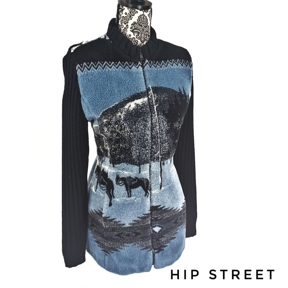 ALPINE STUDIO Zip Front Western Horse Scene Fleece Knit Sleeve Jacket Coat